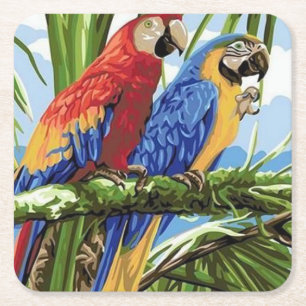 Colourful Parrots Fine Art Square Paper Coaster