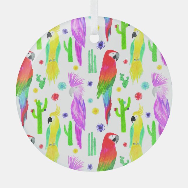 Colourful parrots, hand-drawn pattern. glass ornament (Front)