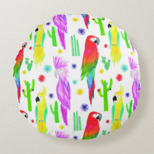 Colourful parrots, hand-drawn pattern. round pillow