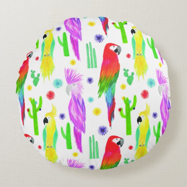 Colourful parrots, hand-drawn pattern. round pillow (Front)