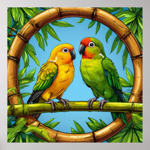 Colourful Parrots Perched on a Bamboo Frame Poster