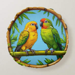 Colourful Parrots Perched on a Bamboo Frame Round Pillow