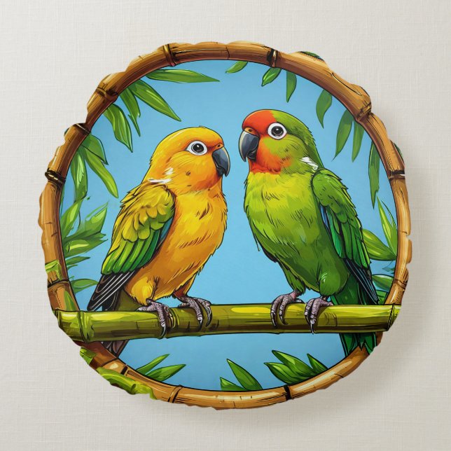Colourful Parrots Perched on a Bamboo Frame Round Pillow (Front)