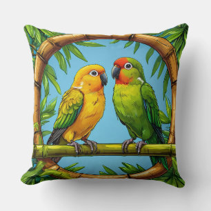 Colourful Parrots Perched on a Bamboo Frame Throw Pillow