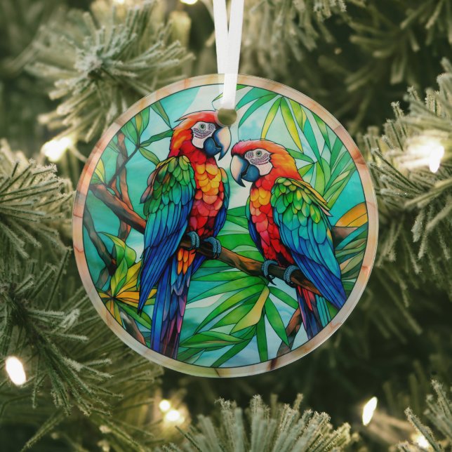 Colourful Parrots Stained Glass Glass Ornament (Insitu)