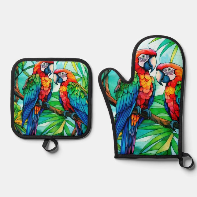 Colourful Parrots Stained Glass Oven Mitt & Pot Holder Set (Front)