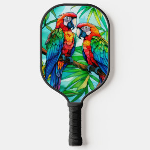 Colourful Parrots Stained Glass Pickleball Paddle