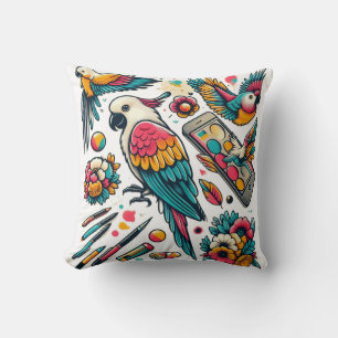 Colourful Parrots Tropical Art Throw Pillow