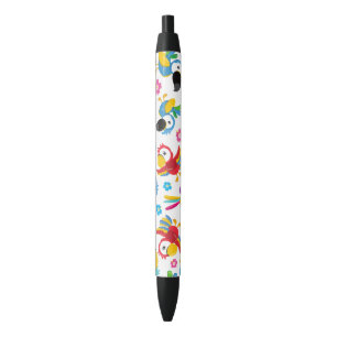 Colourful Parrots, Tropical Parrots, Birds, Flower Black Ink Pen