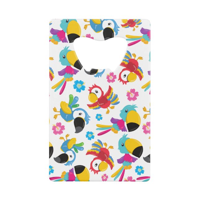 Colourful Parrots, Tropical Parrots, Birds, Flower Credit Card Bottle Opener (Front)