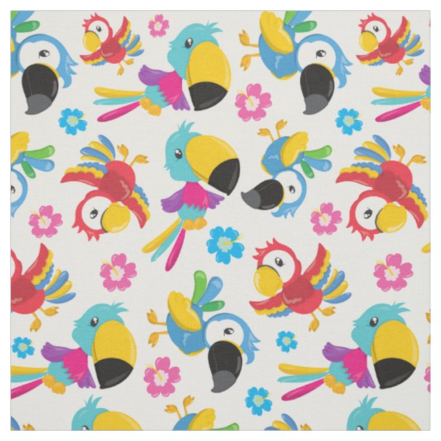 Colourful Parrots, Tropical Parrots, Birds, Flower Fabric (Swatch)