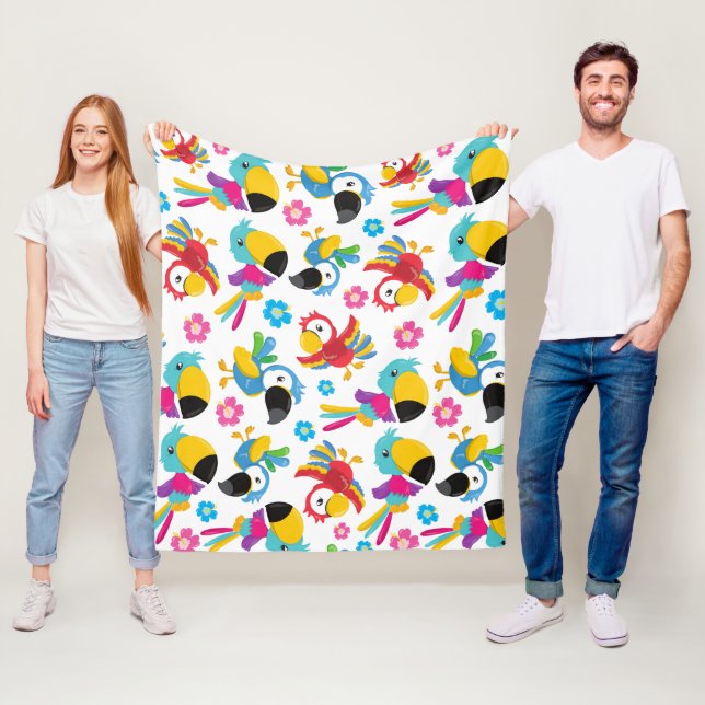 Colourful Parrots, Tropical Parrots, Birds, Flower Fleece Blanket (In Situ)