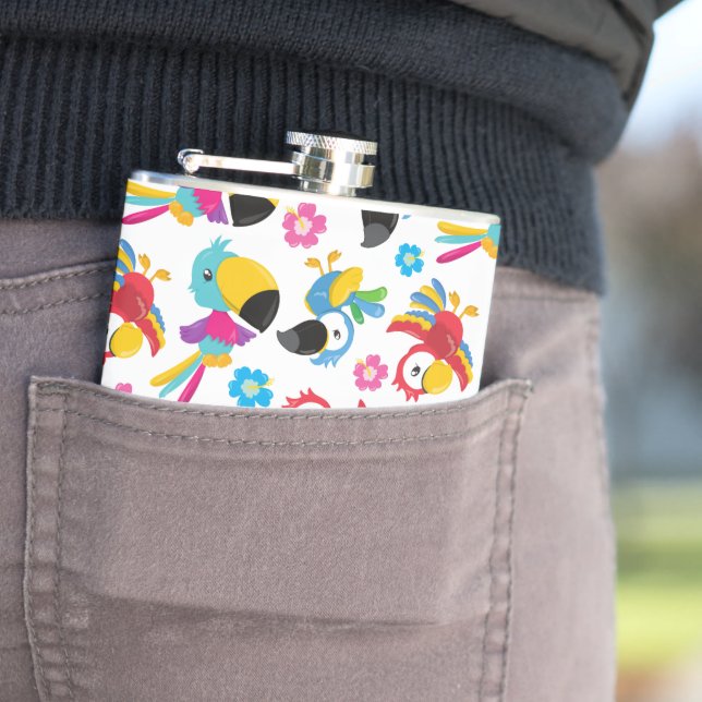 Colourful Parrots, Tropical Parrots, Birds, Flower Hip Flask (In Situ)