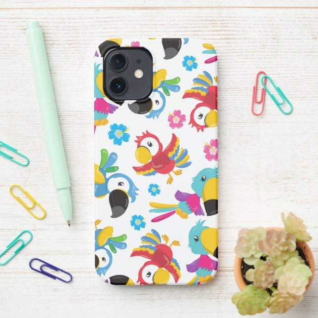 Colourful Parrots, Tropical Parrots, Birds, Flower iPhone Case (On Desk)