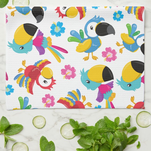 Colourful Parrots, Tropical Parrots, Birds, Flower Kitchen Towel (Folded)