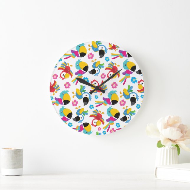 Colourful Parrots, Tropical Parrots, Birds, Flower Large Clock (Home)