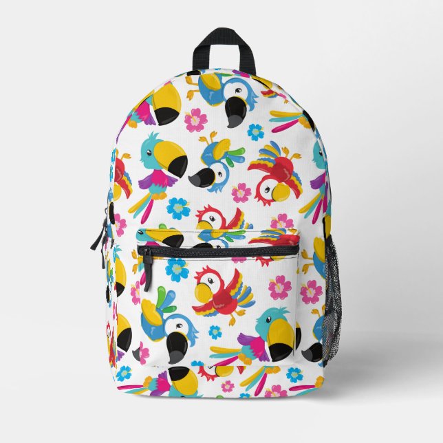 Colourful Parrots, Tropical Parrots, Birds, Flower Printed Backpack (Front)