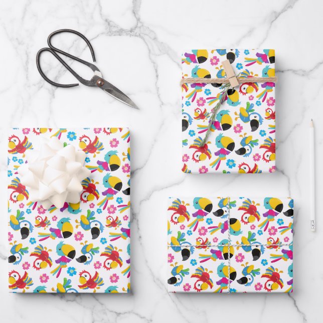 Colourful Parrots, Tropical Parrots, Birds, Flower Wrapping Paper Sheet (Front)
