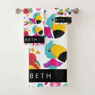Colourful Parrots, Tropical Parrots, Your Name Bath Towel Set