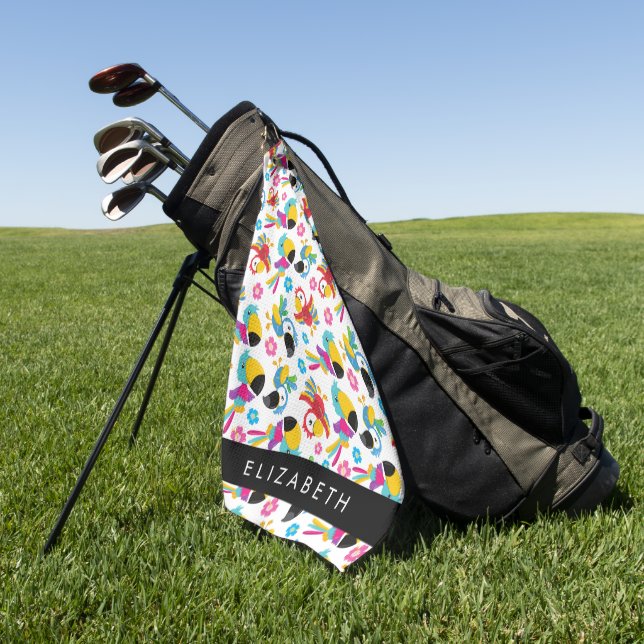 Colourful Parrots, Tropical Parrots, Your Name Golf Towel (Green)