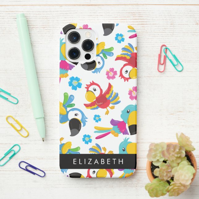 Colourful Parrots, Tropical Parrots, Your Name iPhone Case (On Desk)