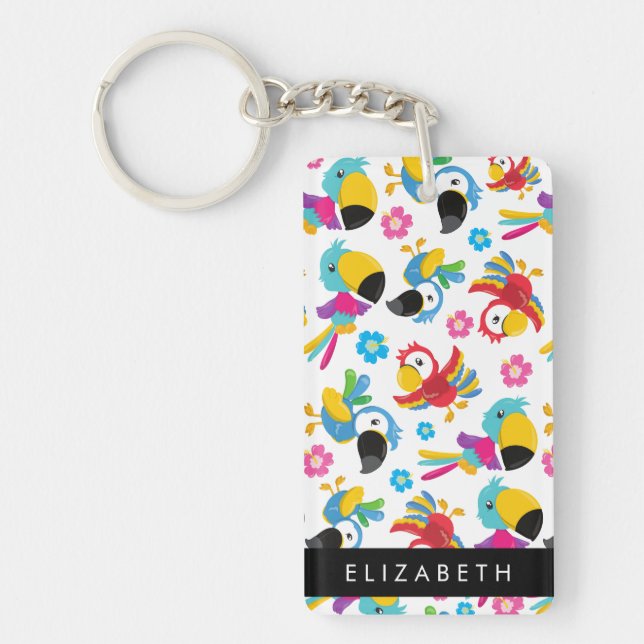 Colourful Parrots, Tropical Parrots, Your Name Keychain (Front)