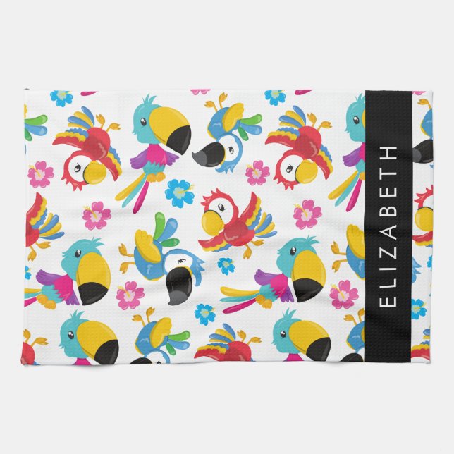 Colourful Parrots, Tropical Parrots, Your Name Kitchen Towel (Horizontal)