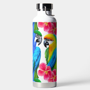 Colourful Parrots with Tropical Flowers Water Bottle