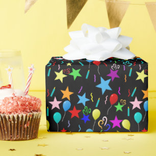 Colourful party balloons and stars wrapping paper