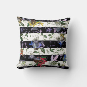 Colourful Passiflora on Black and White Stripes Throw Pillow