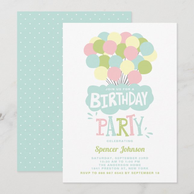 Colourful Pastel Balloons Kids Birthday Invitation (Front/Back)