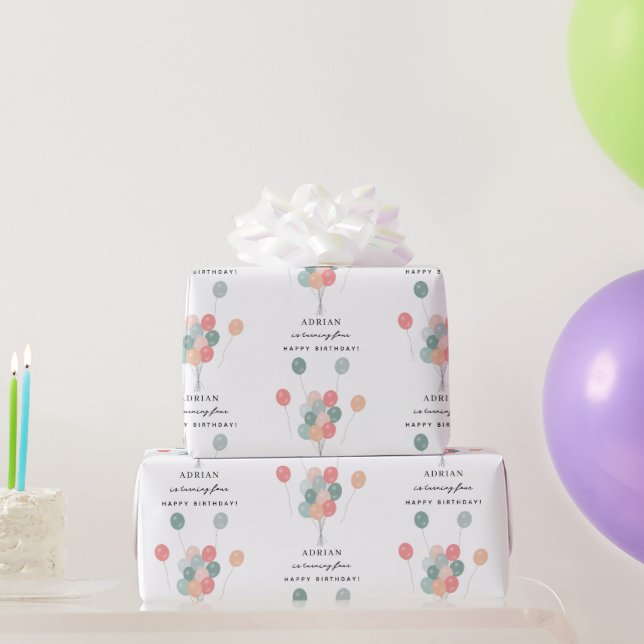 Colourful Pastel Balloons Modern Birthday Name Age Wrapping Paper (Party Gifts)