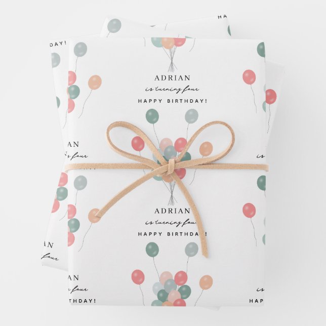 Colourful Pastel Balloons Modern Birthday Name Age Wrapping Paper Sheet (In situ)