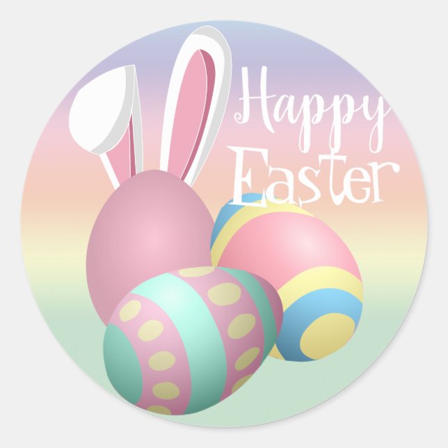 Colourful Pastel Bunny Ears Happy EASTER Classic Round Sticker (Front)