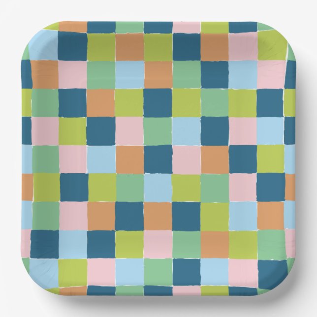 Colourful Pastel Chequerboard Pattern Paper Plate (Front)