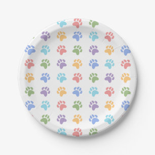 Colourful Pastel Dog Paw Prints Pattern Paper Plate
