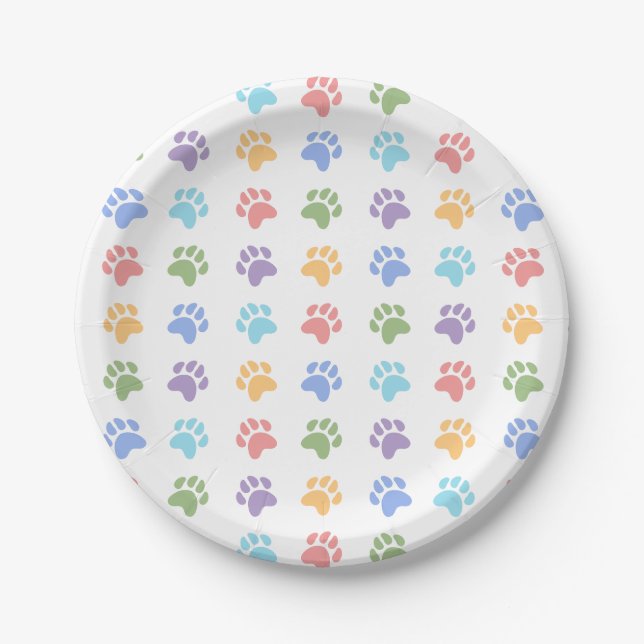 Colourful Pastel Dog Paw Prints Pattern Paper Plate (Front)