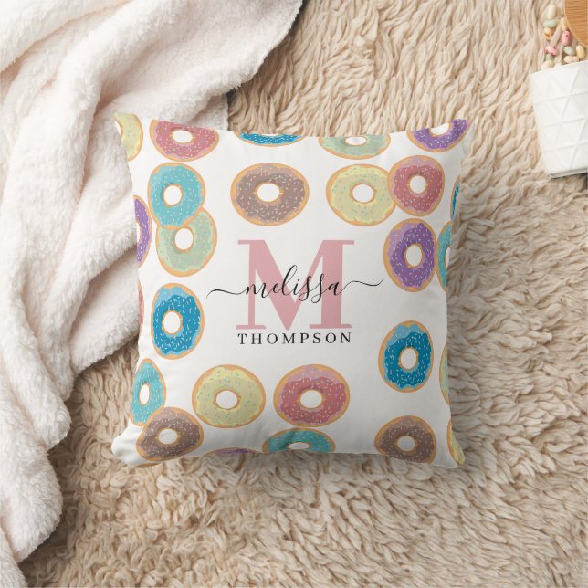 Colourful Pastel Doughnuts & Sprinkles Monogram Throw Pillow (Blanket)