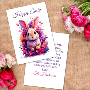 Colourful Pastel Easter Bunny & Watercolor Florals Holiday Card