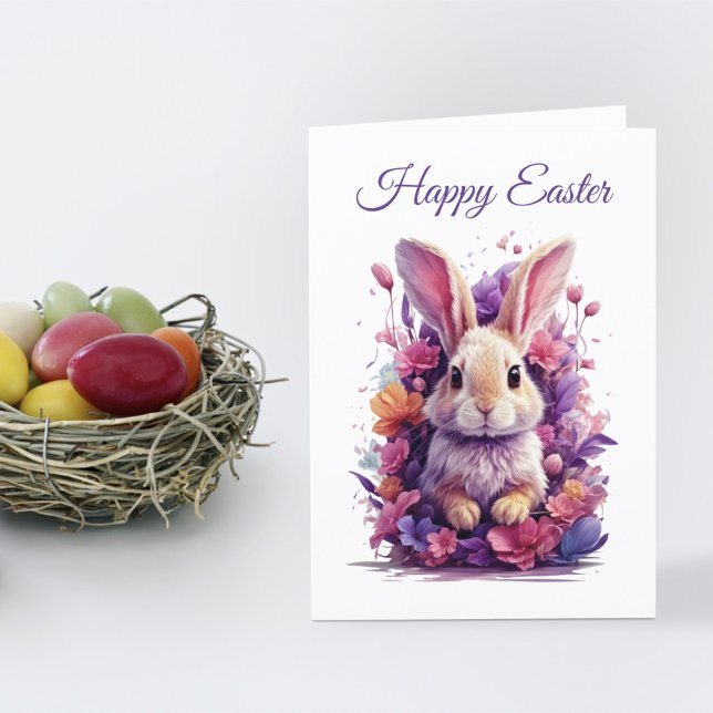 Colourful Pastel Easter Bunny & Watercolor Florals Holiday Card (Creator Uploaded)