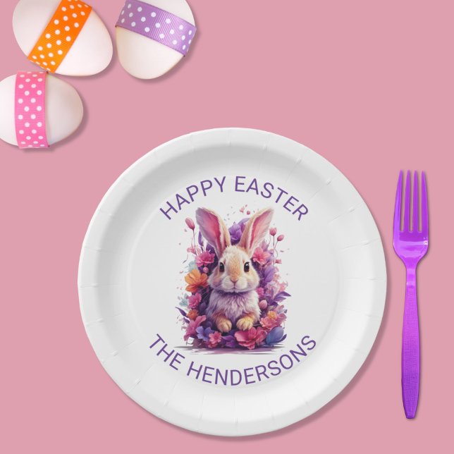 Colourful Pastel Easter Bunny & Watercolor Florals Paper Plate (Creator Uploaded)