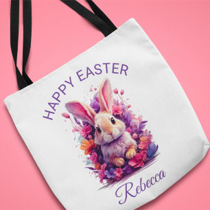Colourful Pastel Easter Bunny & Watercolor Florals Tote Bag