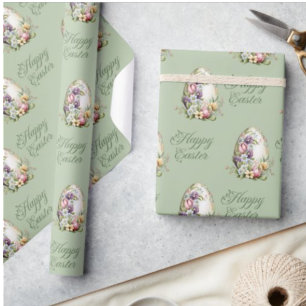 Colourful Pastel Easter Eggs Floral Pattern Green Wrapping Paper