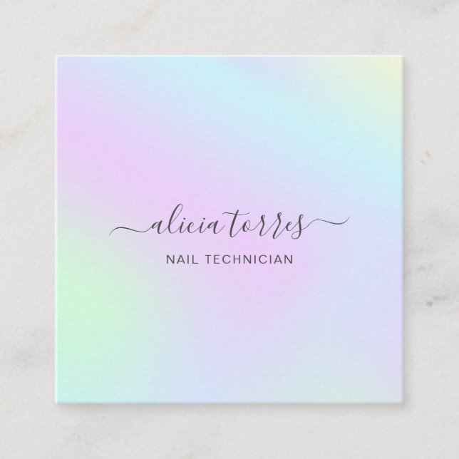 Colourful Pastel Feminine Pretty Holographic Square Business Card (Front)