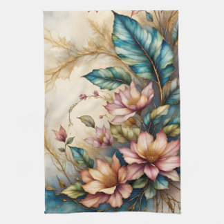 Colourful pastel floral and leaves kitchen towel