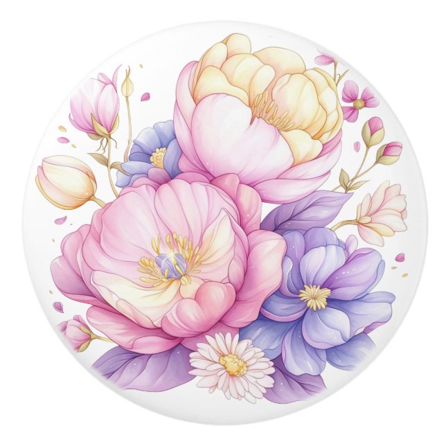 Colourful Pastel Flowers Floral Ceramic Knob (Front)