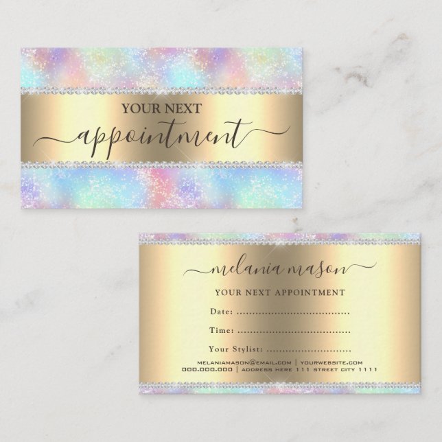 Colourful Pastel Holographic Glitter Diamonds  Appointment Card (Front/Back)