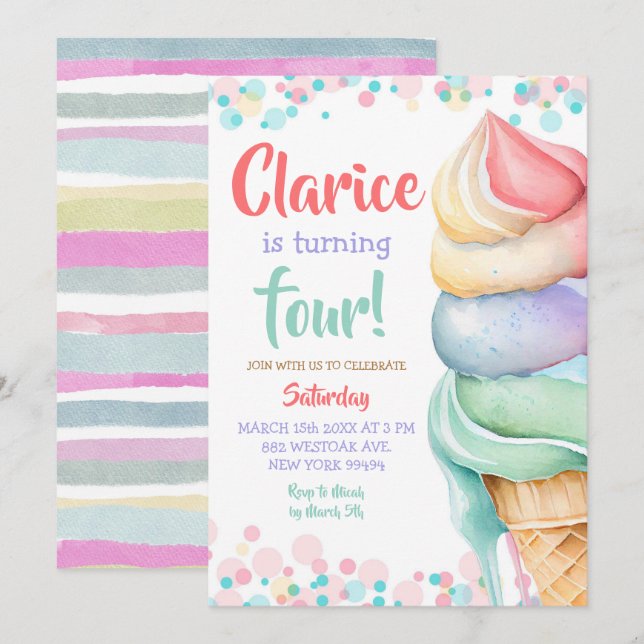 Colourful pastel Ice Cream Birthday Invitation (Front/Back)