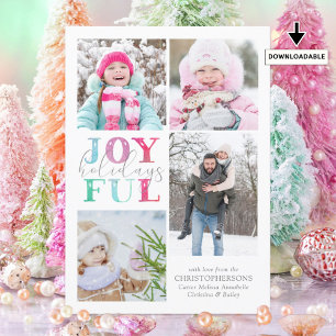 Colourful Pastel JOYFUL HOLIDAYS 4 Photos Holiday Card