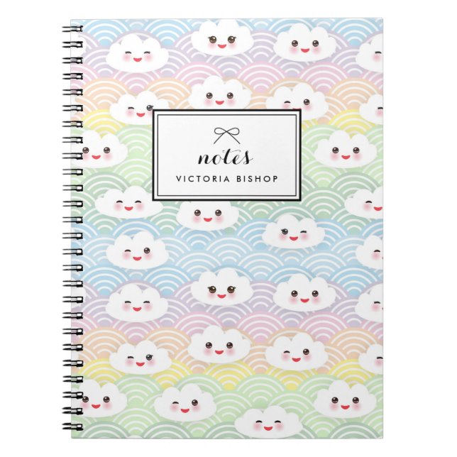 Colourful Pastel Kawaii Clouds Pattern Personalize Notebook (Front)